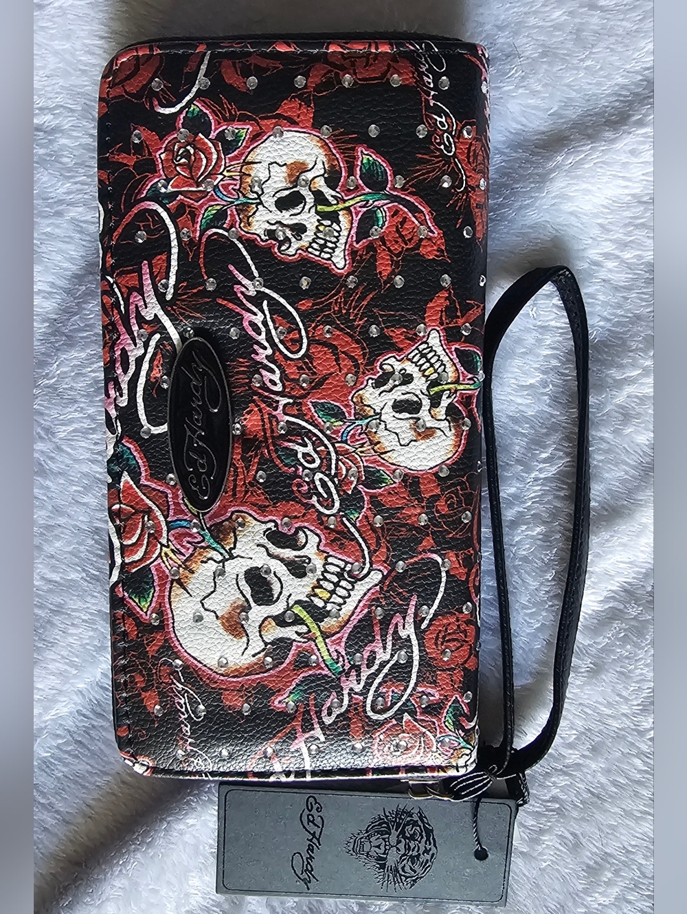 Ed Hardy Black Red Skull & Rose Wristlet Wallet